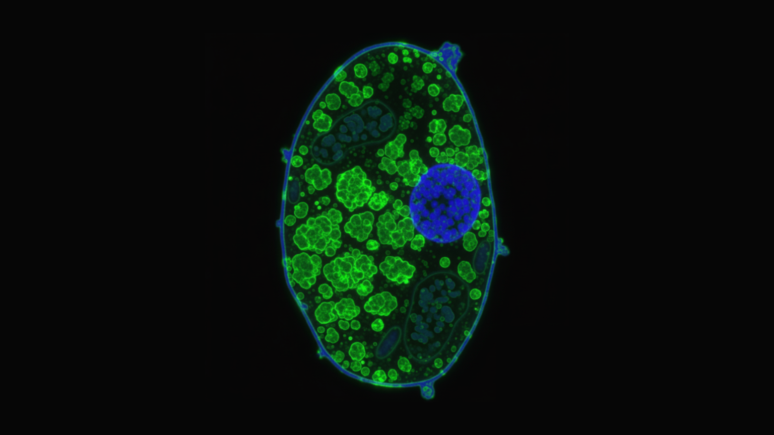 An illustrational microscopic image of a single yeast cell, oval-shaped and glowing with fluorescent colors. The cell is outlined in blue, while its interior is densely filled with a large amount of green, blob-like protein aggregates. A large blue nucleus is visible, pushed to one side by the overwhelming green protein clumps. A small scale bar in the bottom right corner indicates 5 micrometers.