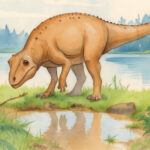Illustration of a large armored dinosaur with a long tail near a reflective lake, surrounded by green ferns and prehistoric trees under a soft mist