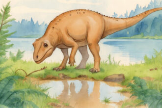 Illustration of a large armored dinosaur with a long tail near a reflective lake, surrounded by green ferns and prehistoric trees under a soft mist
