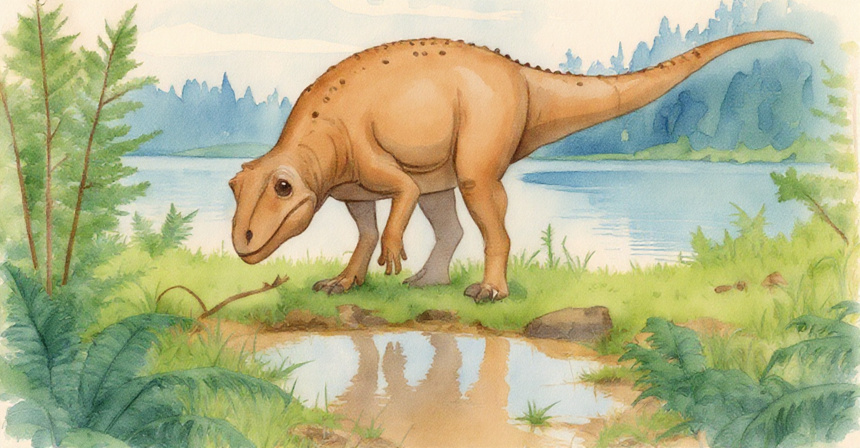 Illustration of a large armored dinosaur with a long tail near a reflective lake, surrounded by green ferns and prehistoric trees under a soft mist