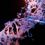 Abstract 3D rendering of a DNA double helix with branching structures in blue, purple, and orange hues, set against a dark background, symbolizing genetic complexity and variability