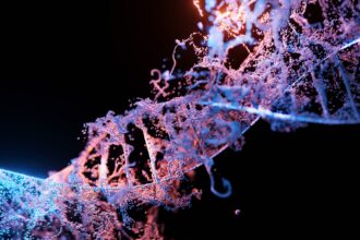 Abstract 3D rendering of a DNA double helix with branching structures in blue, purple, and orange hues, set against a dark background, symbolizing genetic complexity and variability