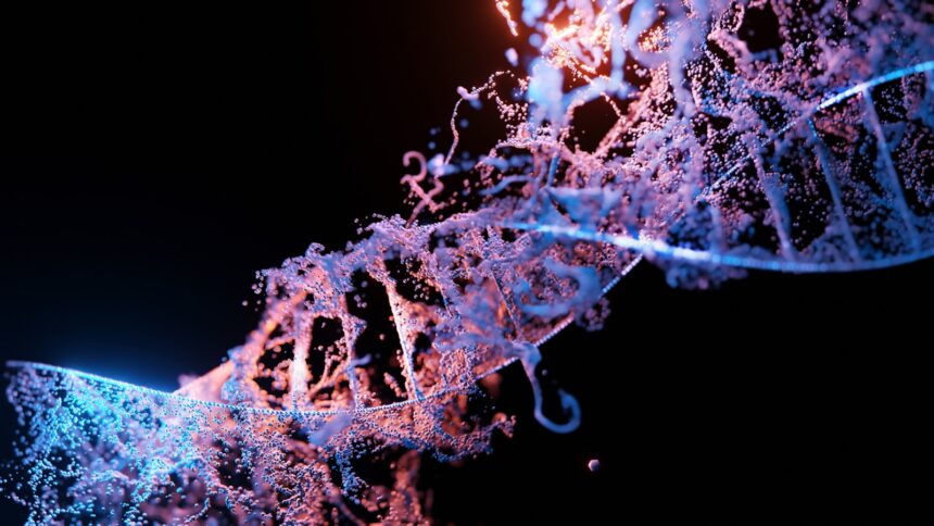 Abstract 3D rendering of a DNA double helix with branching structures in blue, purple, and orange hues, set against a dark background, symbolizing genetic complexity and variability
