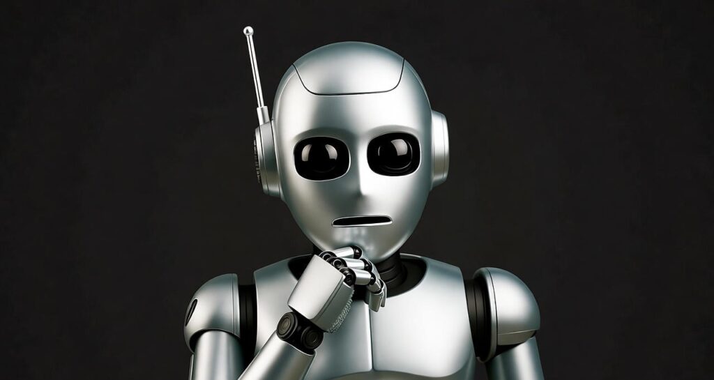 A silver robot with a rounded head, large black eyes, and a small antenna, holding its chin with one hand in a contemplative pose, set against a solid black background
