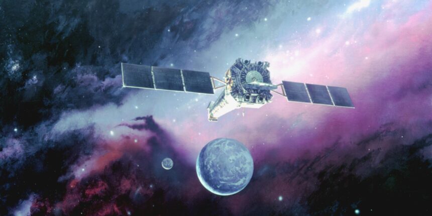 Artist’s illustration of the Chandra X‑Ray Observatory orbiting Earth in space.
