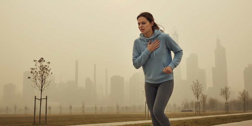 A woman coughing while jogging in polluted air