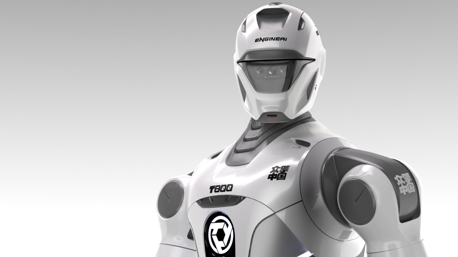EngineAI T800 humanoid robot standing in demonstration pose, showing articulated limbs and sensors.