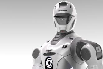 EngineAI T800 humanoid robot standing in demonstration pose, showing articulated limbs and sensors.