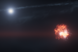 This artist’s concept shows the violent collision of two massive objects in orbit around the star Fomalhaut. (Image Credit: NASA, ESA, STScI, Ralf Crawford (STScI))