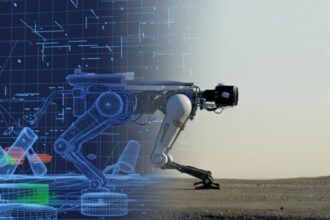 A robot shown transitioning from a simulated environment to the real world, illustrating the simulation-to-reality (sim2real) gap in robotics.