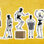 Six advanced humanoid robots in 2026 performing various tasks: lifting boxes, mopping, folding clothes, parkouring, dancing, and executing a martial arts kick, on a clean white background.
