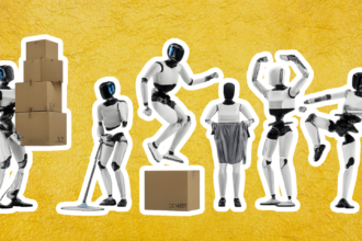 Six advanced humanoid robots in 2026 performing various tasks: lifting boxes, mopping, folding clothes, parkouring, dancing, and executing a martial arts kick, on a clean white background.