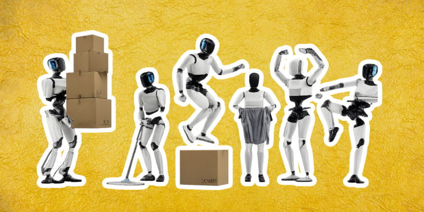 Six advanced humanoid robots in 2026 performing various tasks: lifting boxes, mopping, folding clothes, parkouring, dancing, and executing a martial arts kick, on a clean white background.