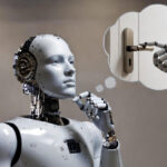 A robot pauses in a thinking pose while a translucent thought bubble shows a robotic hand opening a door handle, symbolizing planning before action with Dream2Flow