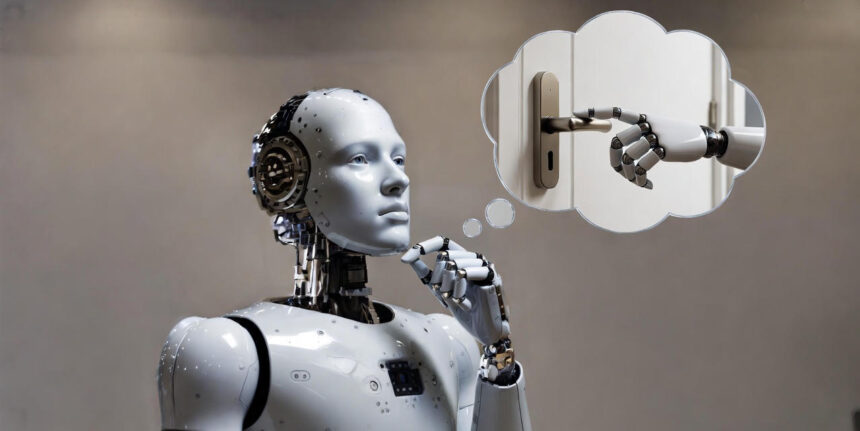 A robot pauses in a thinking pose while a translucent thought bubble shows a robotic hand opening a door handle, symbolizing planning before action with Dream2Flow