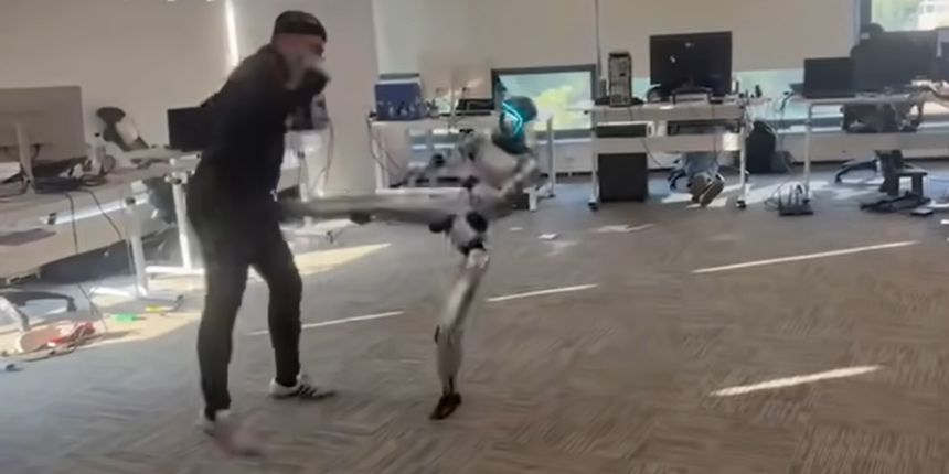 Unitree G1 humanoid robot mirroring a trainer’s kick and accidentally striking him in the groin