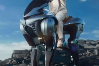 Kawasaki CORLEO, a four-legged rideable robot horse, standing on hilly off-road terrain