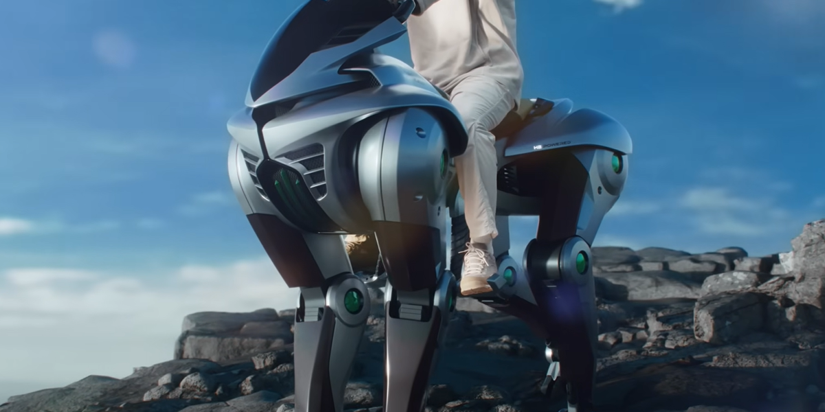 Kawasaki CORLEO, a four-legged rideable robot horse, standing on hilly off-road terrain