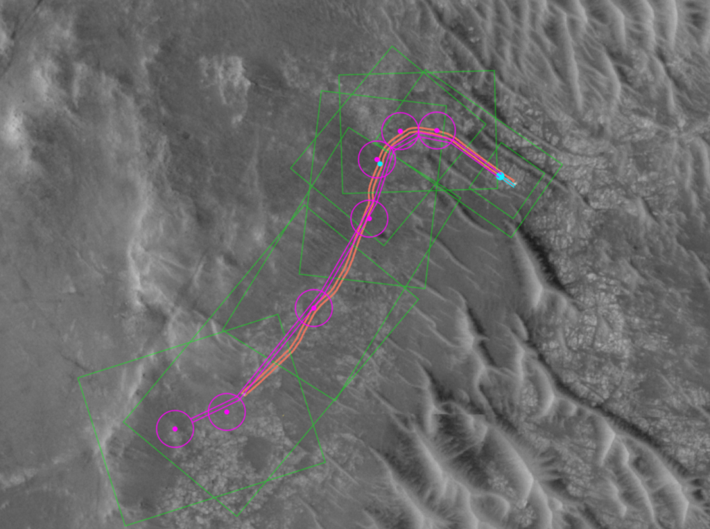 Annotated orbital image of Jezero Crater on Mars comparing an AI-planned rover route in magenta with the Perseverance rover’s actual driven path in orange during a December 10, 2025 test drive