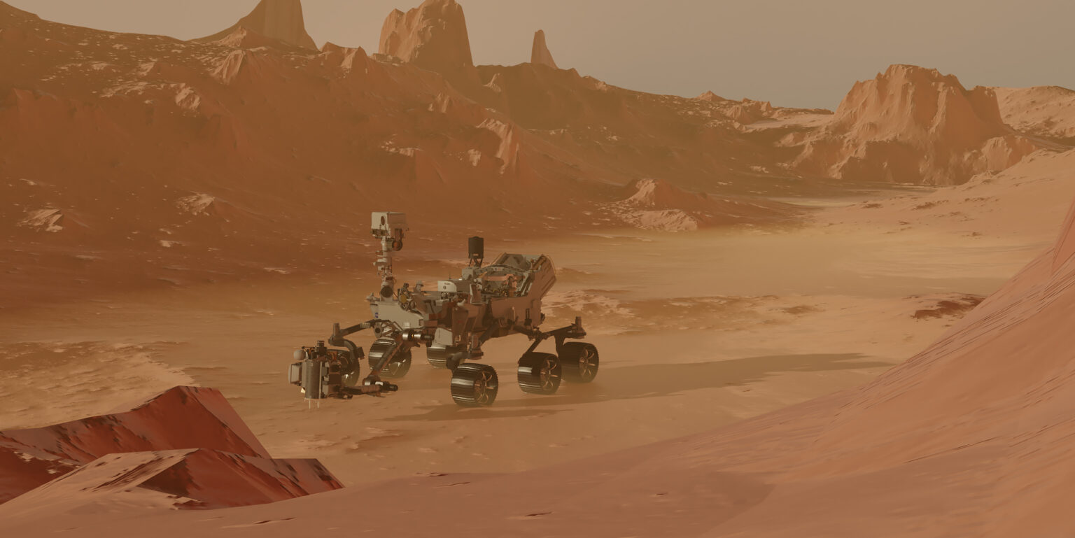 Artist’s illustration of NASA’s Perseverance Mars rover on a rocky Martian landscape