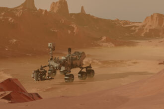 Artist’s illustration of NASA’s Perseverance Mars rover on a rocky Martian landscape