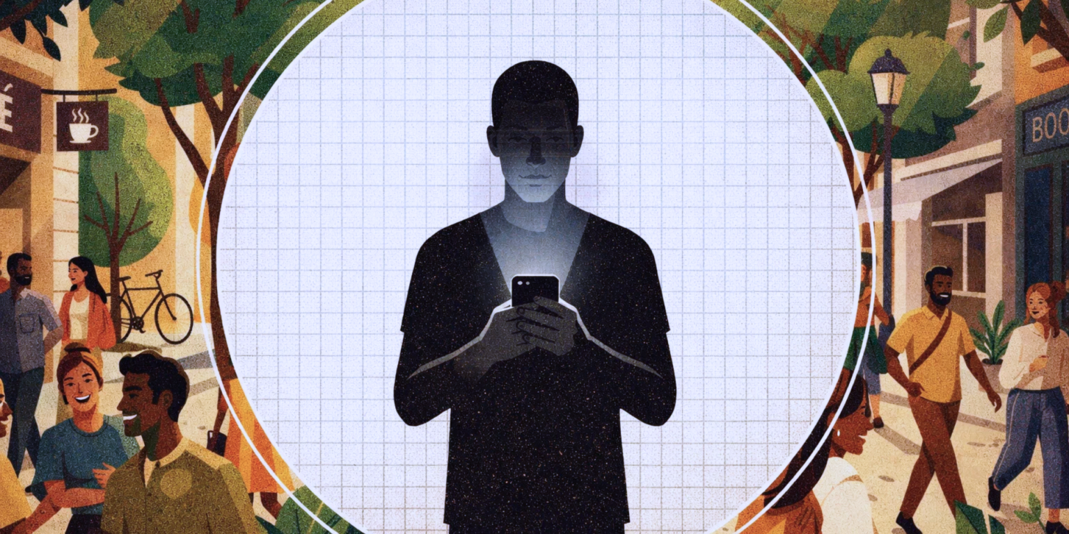 A shadowed figure staring at a phone, separated from the real world by a circle — depicting AI psychosis.