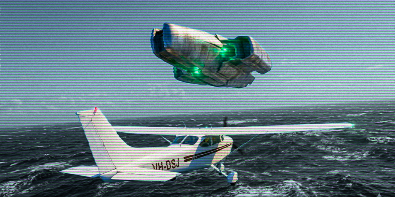 A Cessna flying over dark ocean with an metallic UFO hovering above, Disappearance of Frederick Valentich