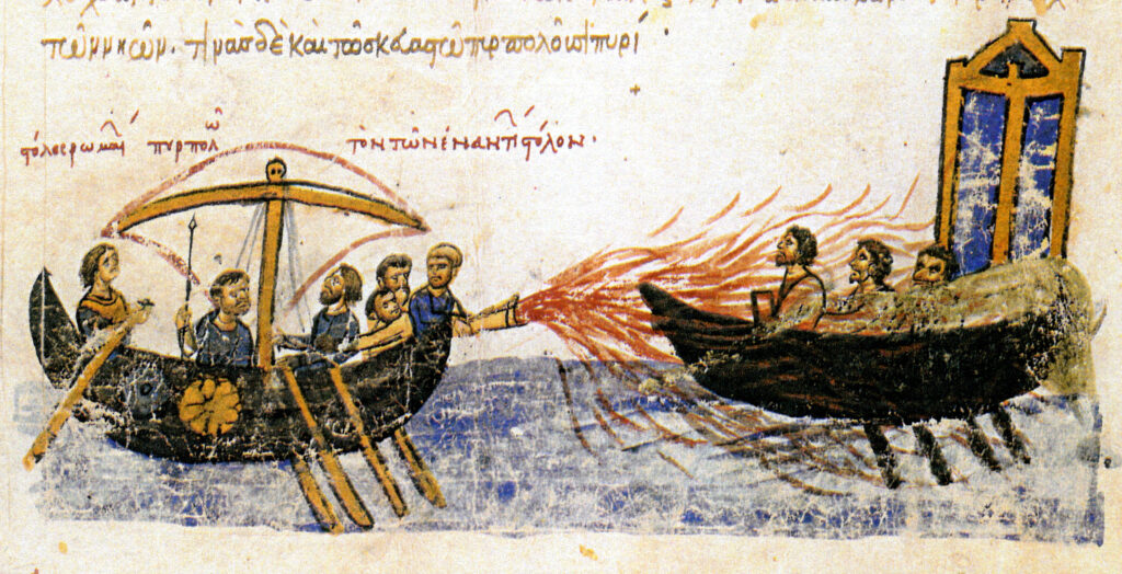 A 12th-century Byzantine manuscript illustration depicting Greek fire being used in naval warfare