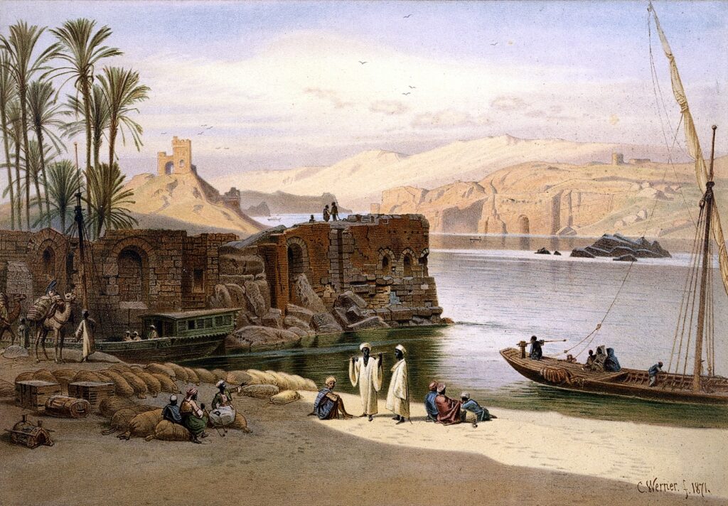 A colour lithograph depicting a scene on the Nile River, painted by Karl Friedrich Heinrich Werner in 1870