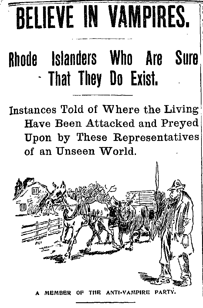 Historical newspaper clipping referencing vampire beliefs in 19th-century New England