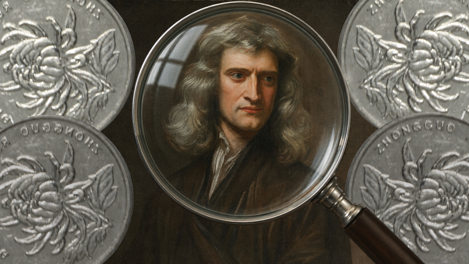 Portrait of Isaac Newton magnified through a magnifying glass, surrounded by silver coins, symbolizing his work investigating counterfeiters