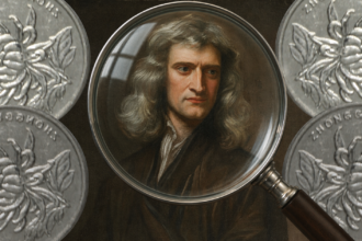 Portrait of Isaac Newton magnified through a magnifying glass, surrounded by silver coins, symbolizing his work investigating counterfeiters