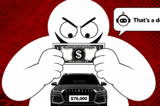 Cartoon stickman holding a $1 bill in front of a $76,000 SUV with a chatbot saying That's a deal.