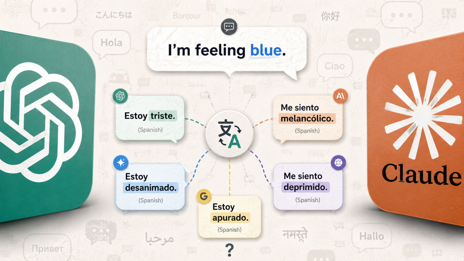 Illustration of AI models producing different translations of the same sentence