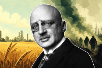 Fritz Haber portrait, split with wheat field and gas trench imagery