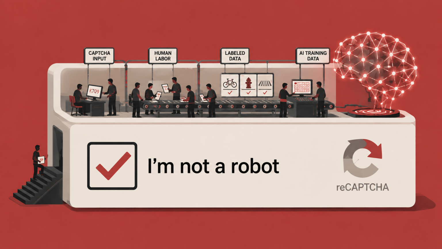 Illustration of an 'I'm not a robot' checkbox built like a factory, with human workers labeling CAPTCHA images of bicycles, fire hydrants, and crosswalks on an assembly line that feeds into a glowing AI brain