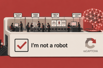 Illustration of an 'I'm not a robot' checkbox built like a factory, with human workers labeling CAPTCHA images of bicycles, fire hydrants, and crosswalks on an assembly line that feeds into a glowing AI brain