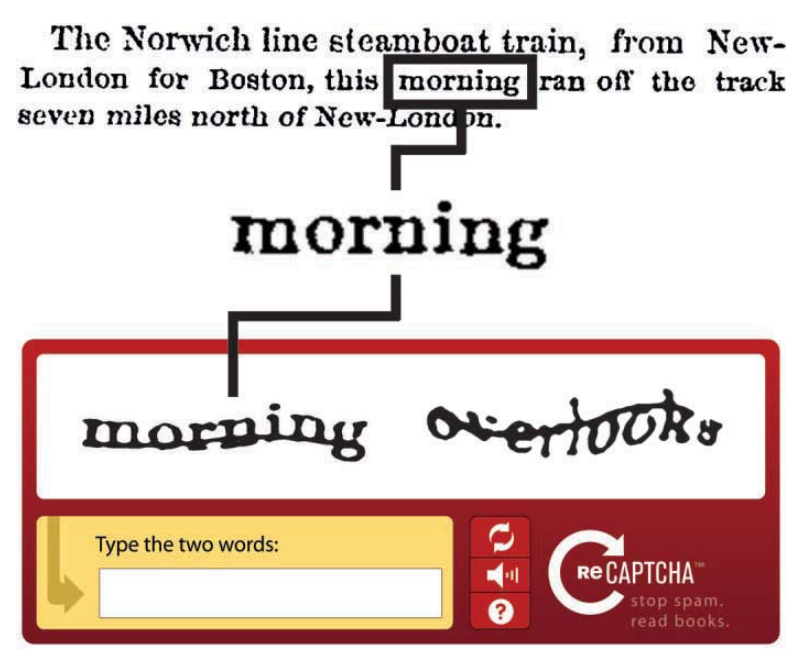 Diagram showing how a classic reCAPTCHA pulled one word, 'morning,' from a scanned newspaper clipping and paired it with a second distorted word, 'overlooks,' inside a two-word verification box.