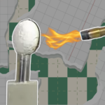 An egg coated with Starlite material mounted on a stand withstands a blowtorch flame, torn paper collage style with graph paper background