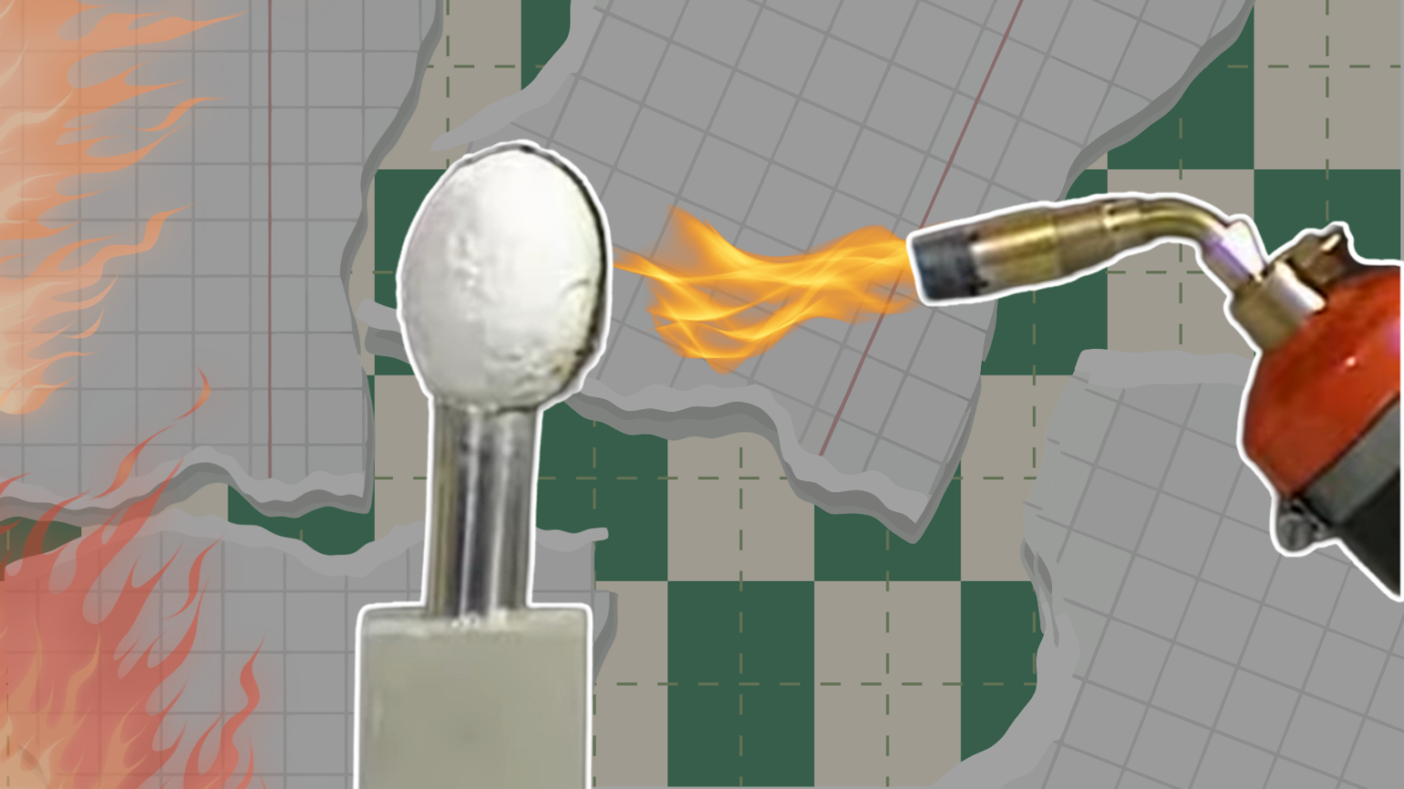 An egg coated with Starlite material mounted on a stand withstands a blowtorch flame, torn paper collage style with graph paper background