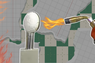 An egg coated with Starlite material mounted on a stand withstands a blowtorch flame, torn paper collage style with graph paper background