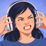 Illustration of a woman in a blue sweater wearing headphones, hands pressed to them, wincing as if hearing something unpleasant