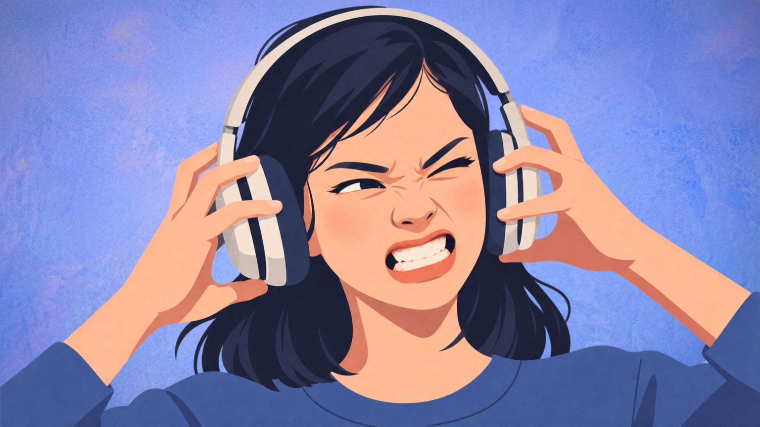 Illustration of a woman in a blue sweater wearing headphones, hands pressed to them, wincing as if hearing something unpleasant